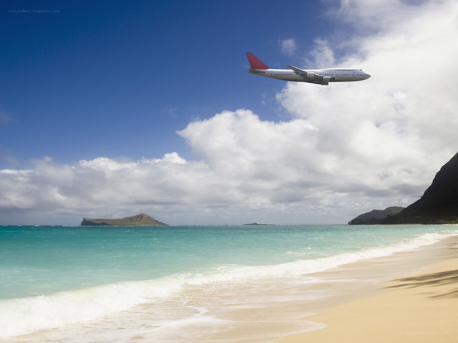 Airplane flying over tropical beach