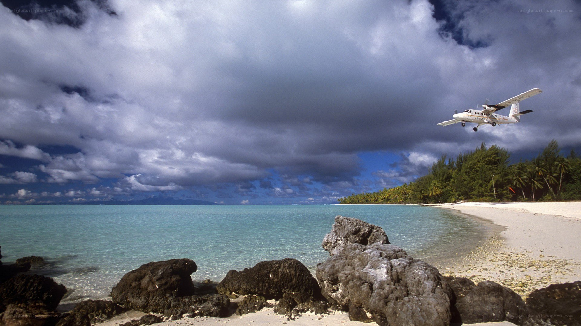 Airplane flying over tropical beach