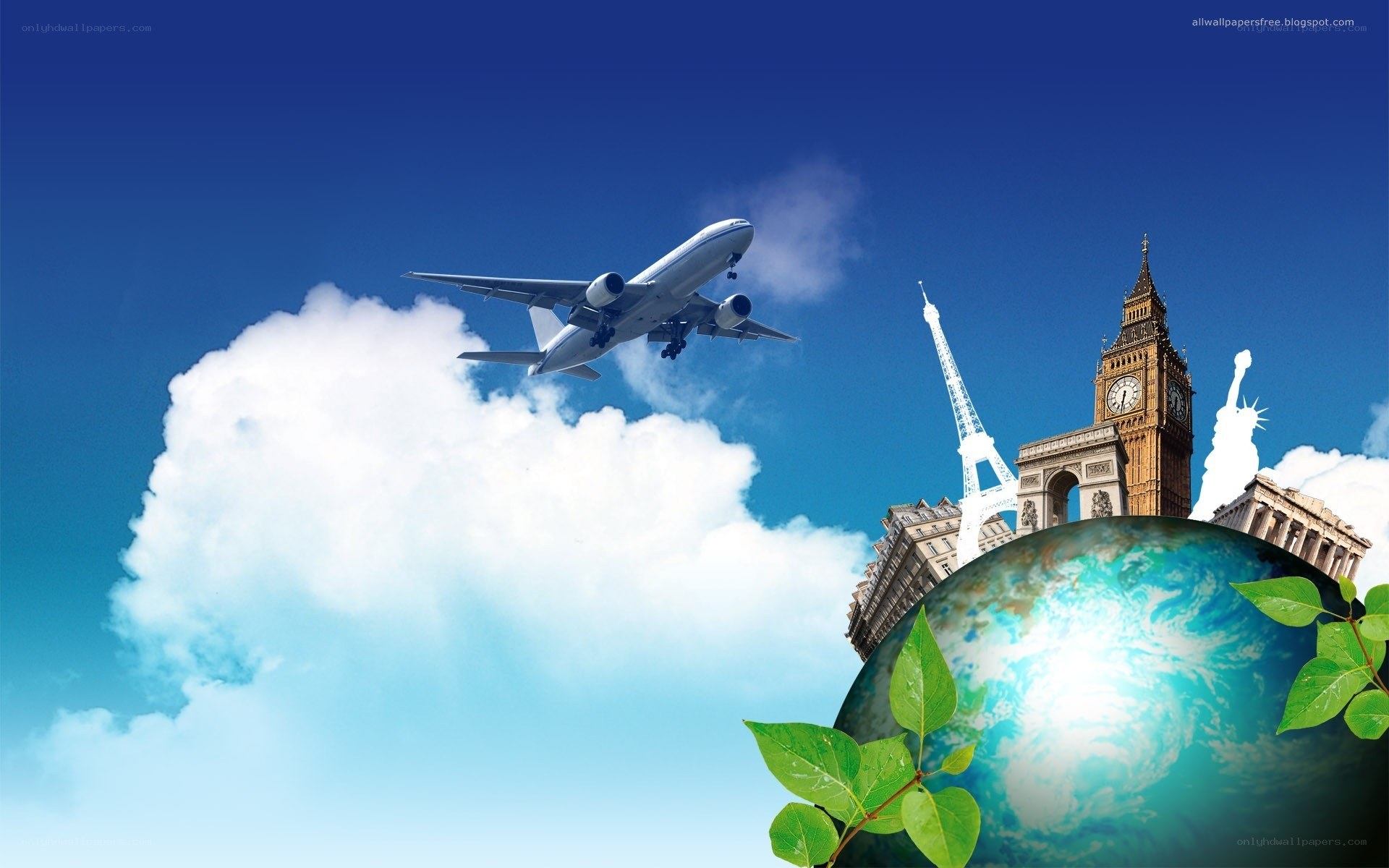 airplane flying over world landmarks