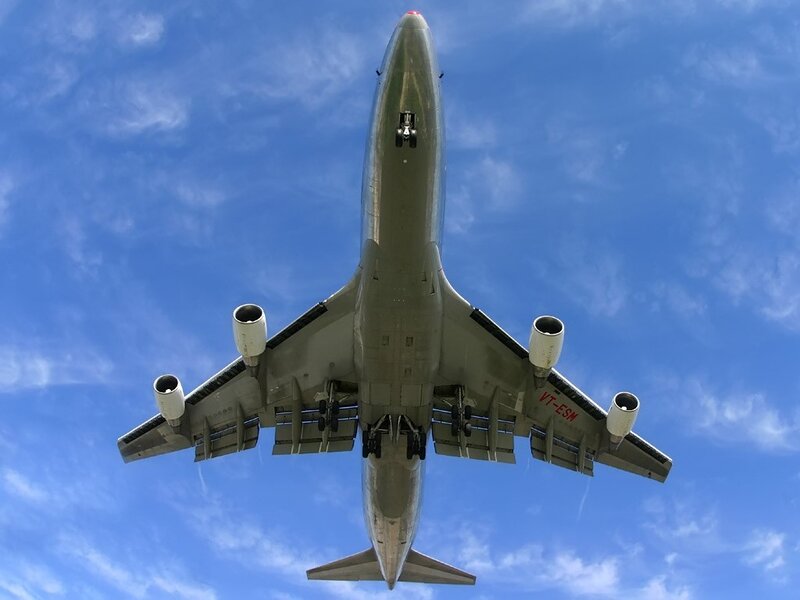 Airplane Flying Overhead — Blue, Clear, Afternoon, Photograph, Sky, Clouds
