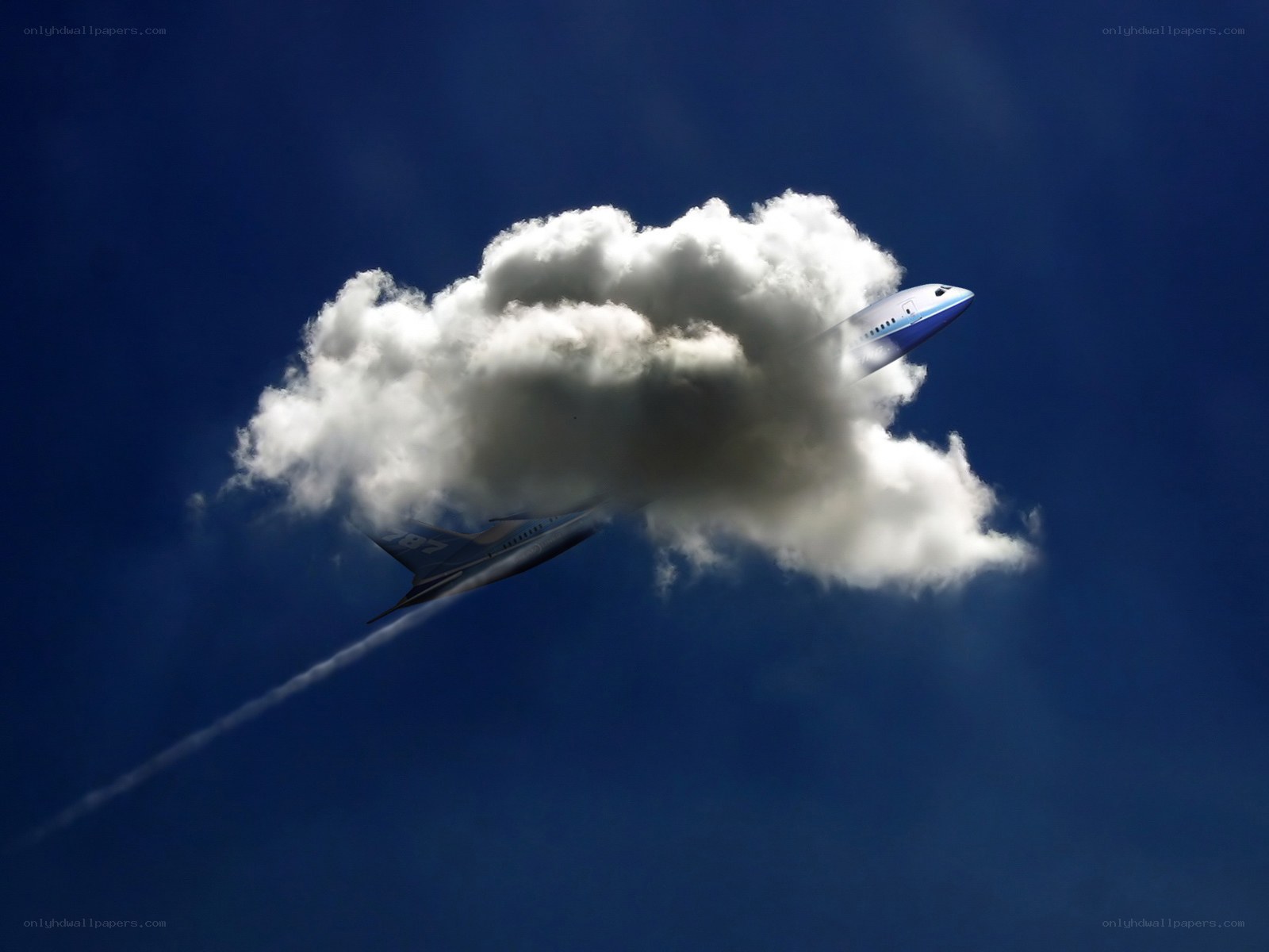 Airplane flying through a cloud