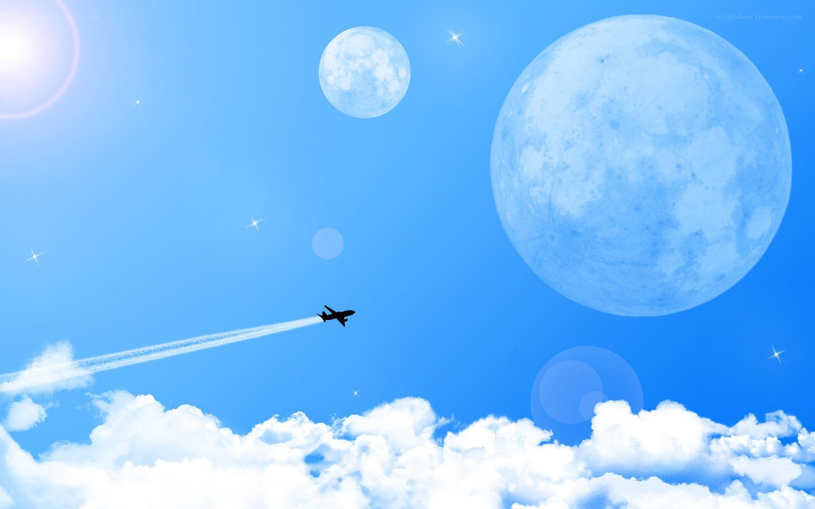Airplane flying through a surreal sky