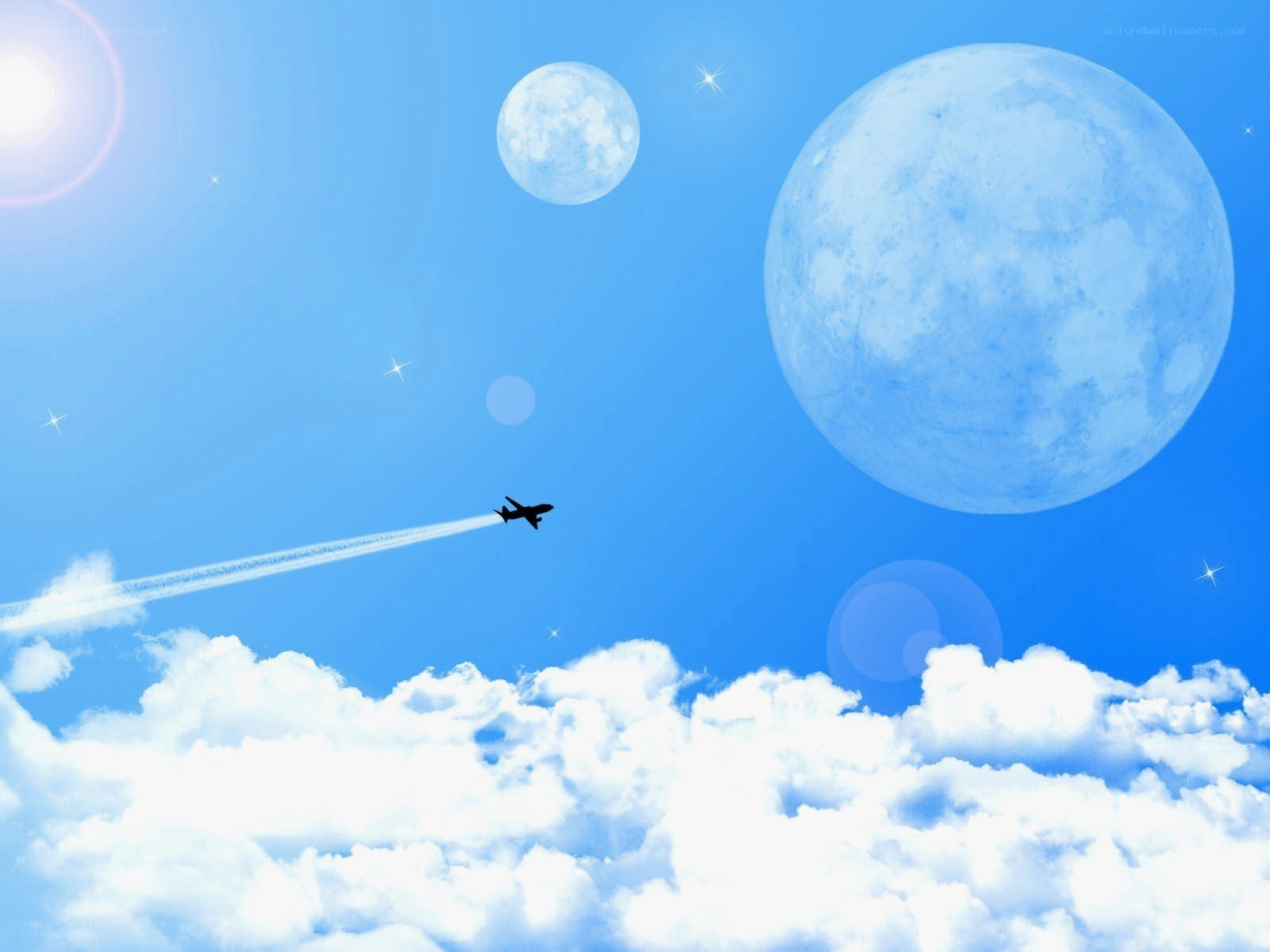 Airplane flying through a surreal sky