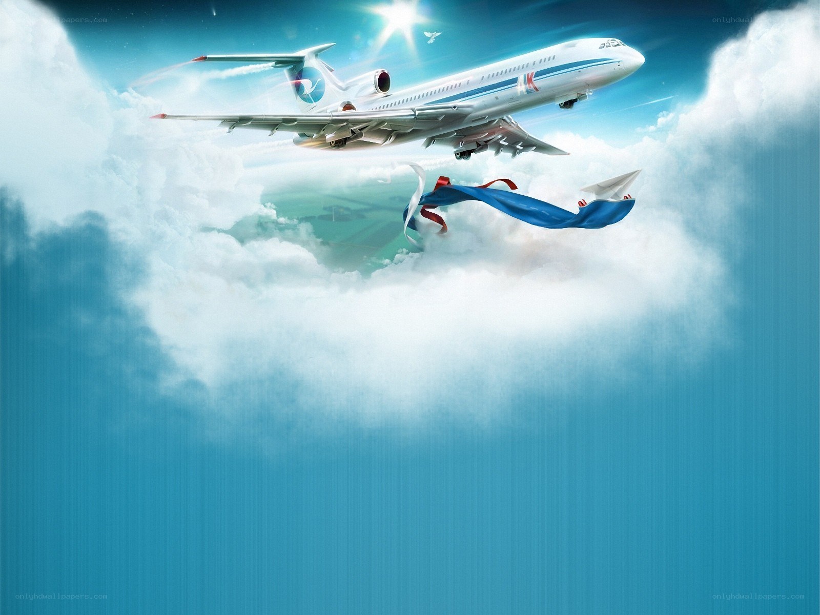 Airplane flying through clouds