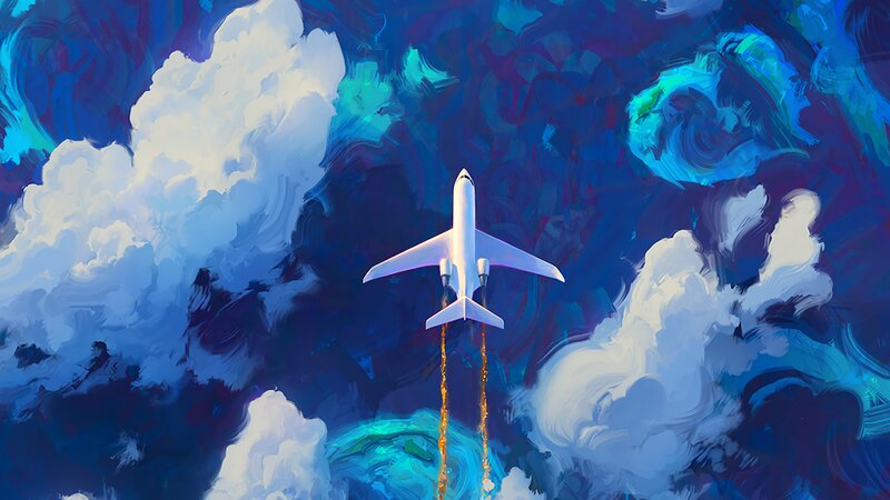 Airplane Flying Through Clouds — Blue, Dramatic, Digital Art