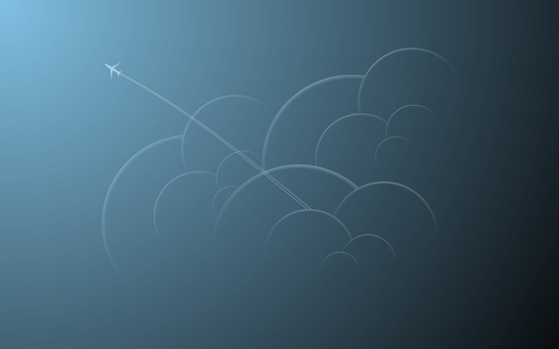 Airplane Flying Through Clouds — Blue, Serene, Digital Art, Contrail