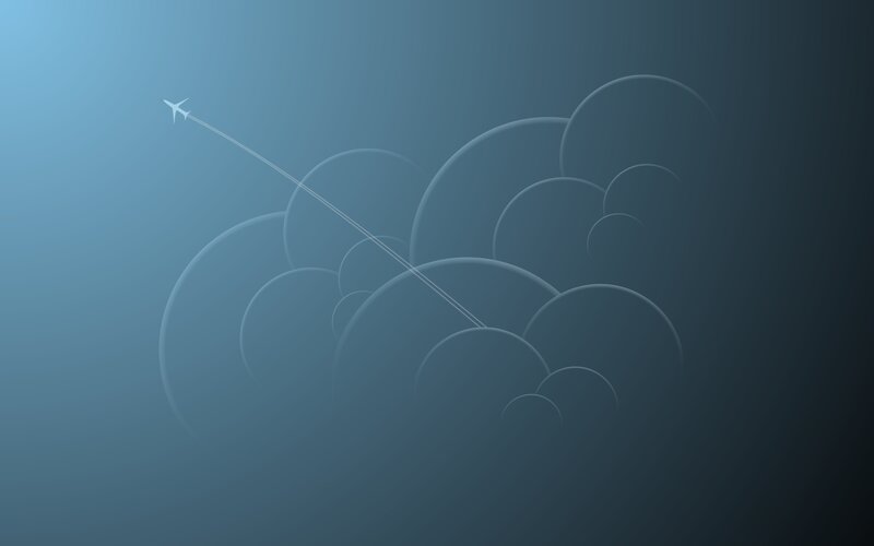Airplane Flying Through Clouds — Blue, Serene, Digital Art