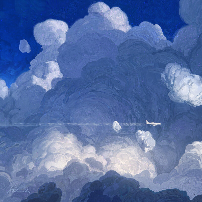 Airplane Flying Through Clouds — Blue, Serene, Night