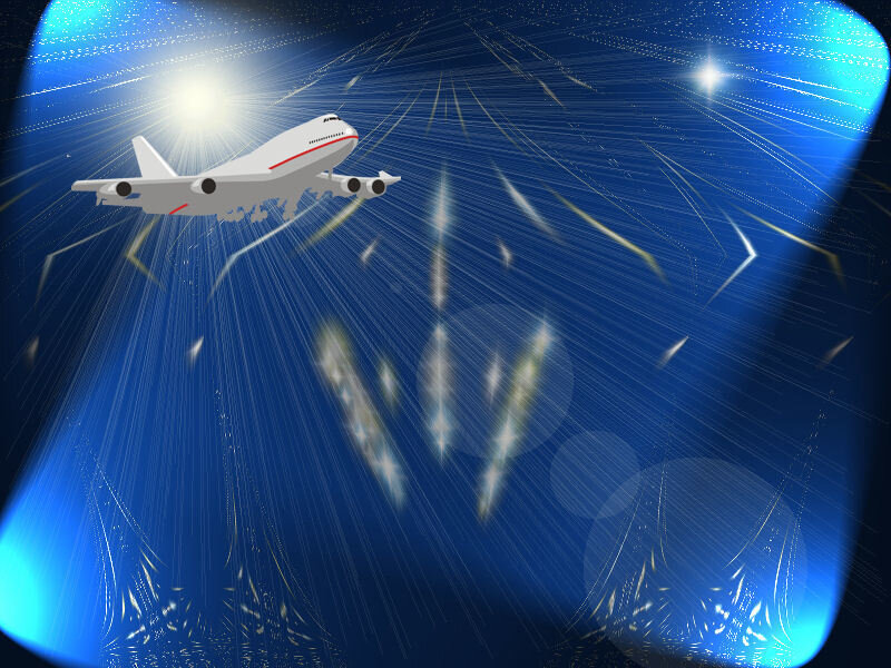 Airplane flying through starry sky