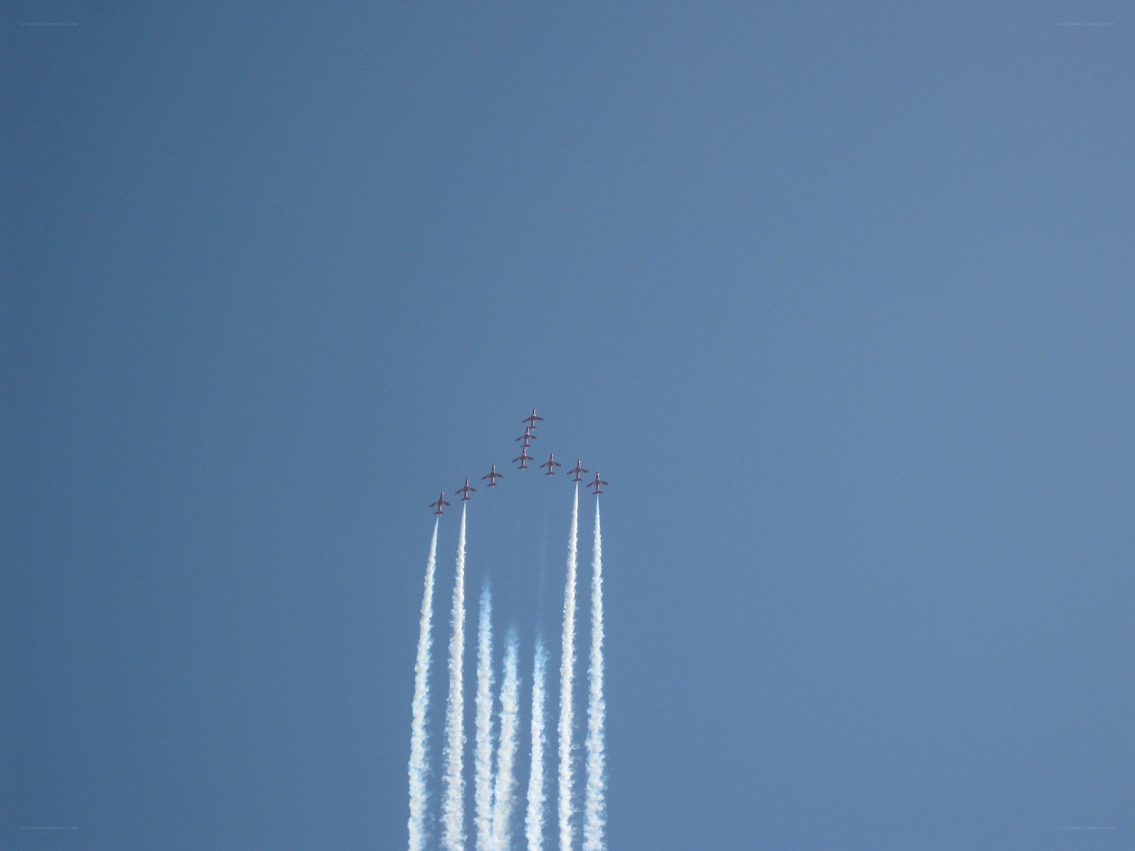 airplane formation in blue sky