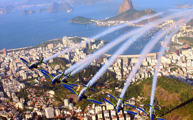 Airplane Formation over City — Blue