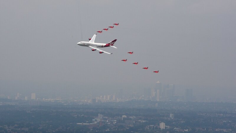Airplane formation over city