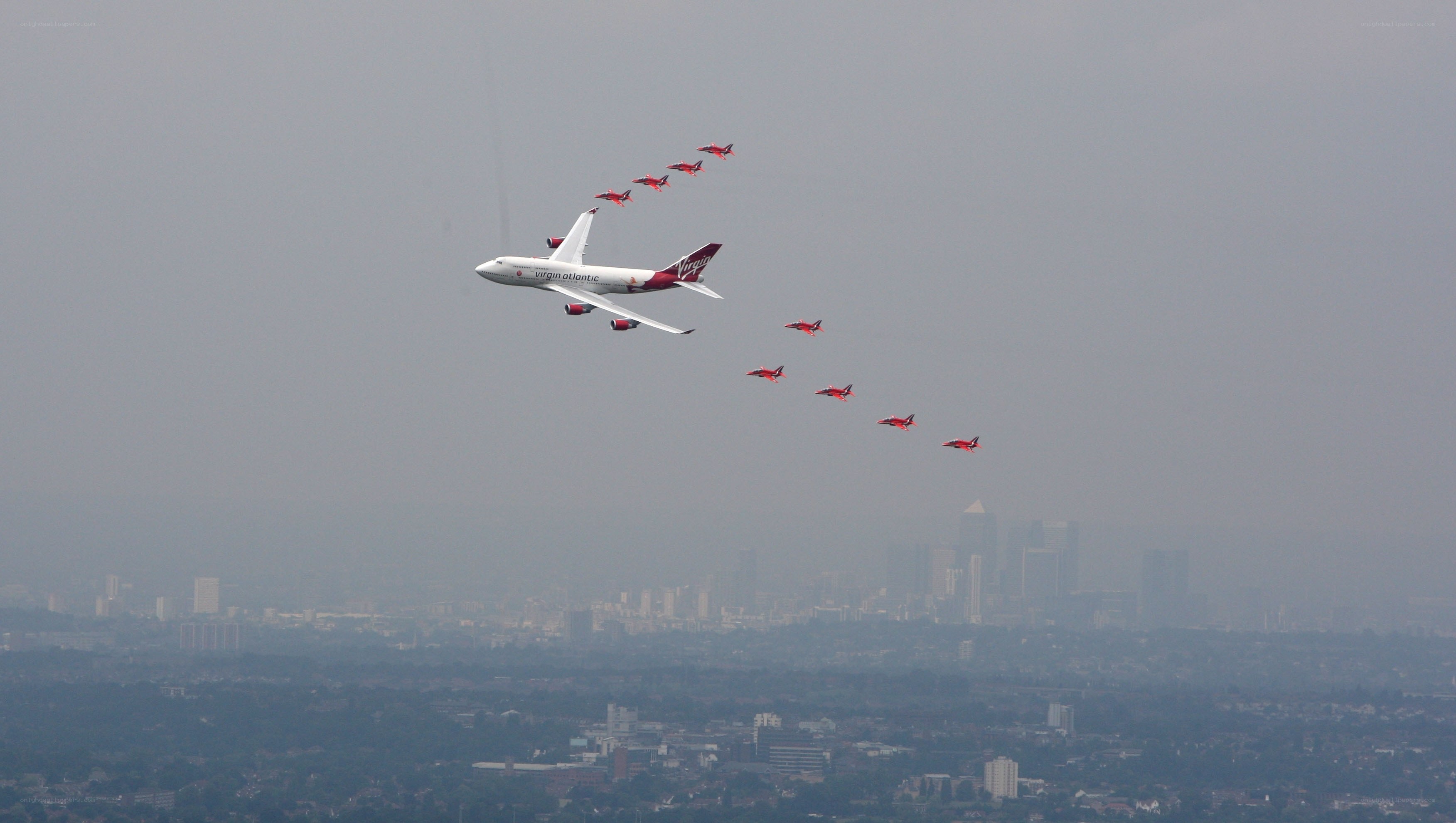 Airplane formation over city