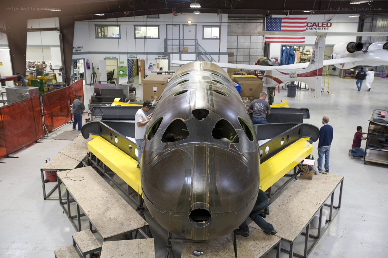 Airplane fuselage assembly in workshop