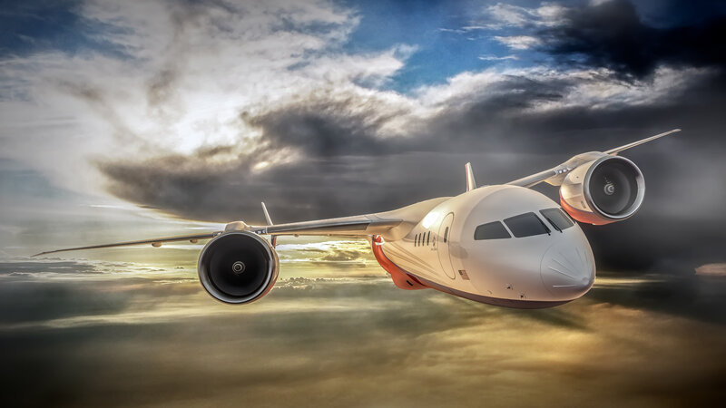 Airplane in Cloudy Sky — White, Dramatic