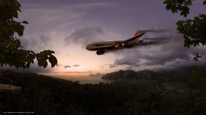 Airplane in distress over tropical island
