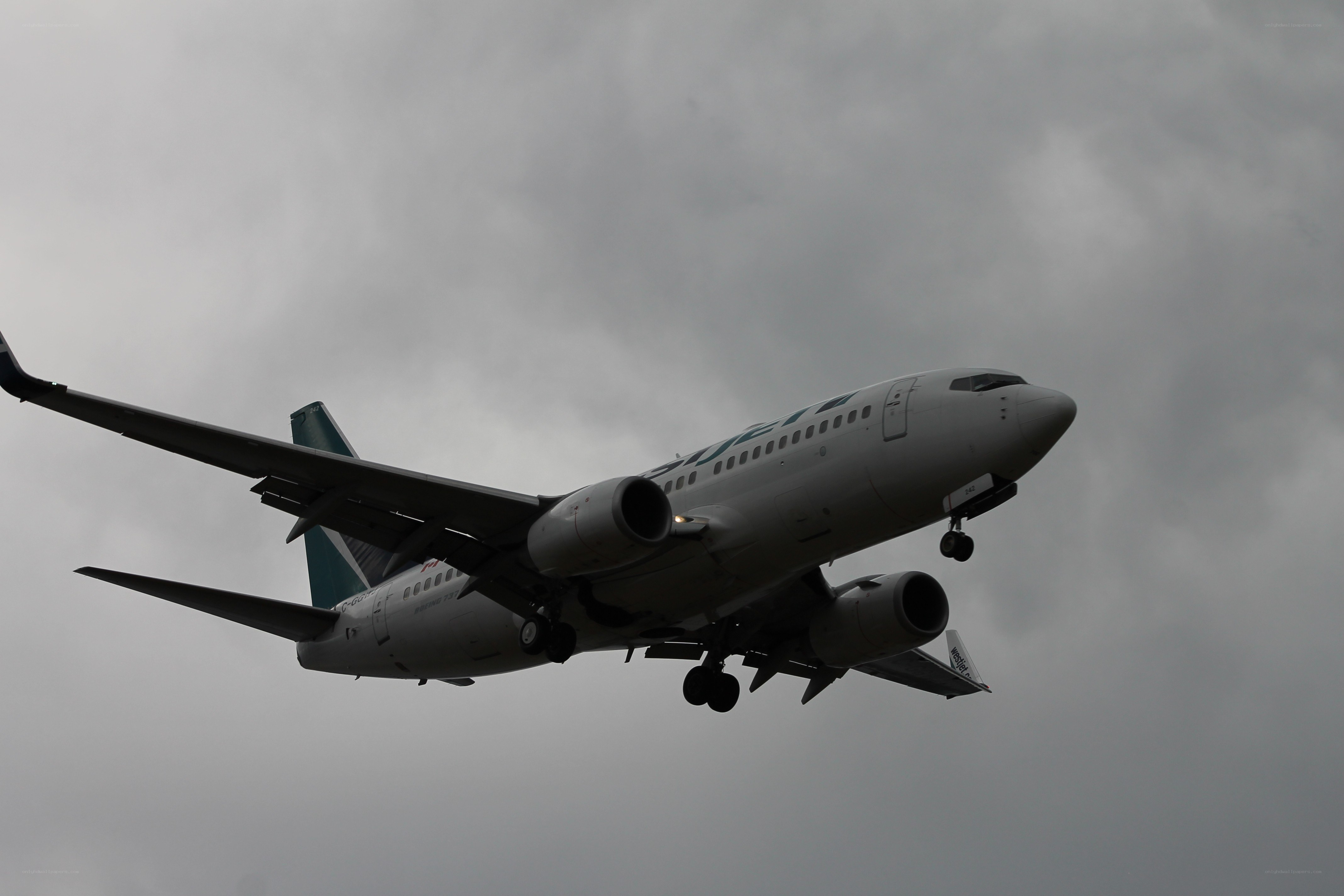 Airplane in flight against cloudy sky