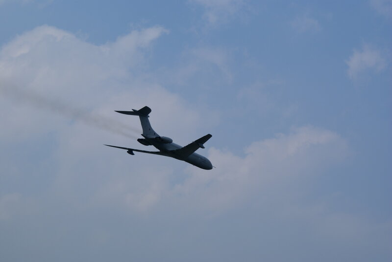 Airplane in Flight — Blue, Calm, Afternoon, Photograph, Sky, Clouds, Smoke