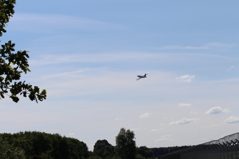 Airplane in Flight — Blue, Calm, Afternoon, Photograph, Trees