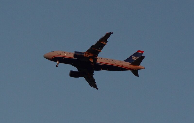 Airplane in Flight — Blue, Calm, Sunset, Photograph, Sky, Landing Gear