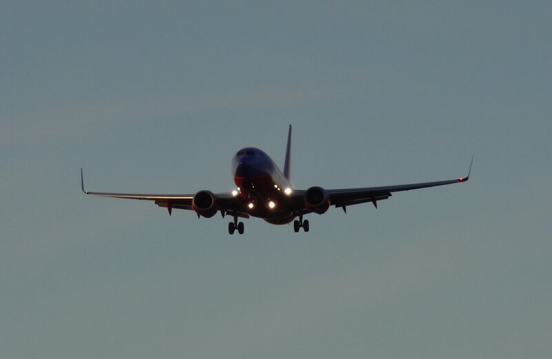 Airplane in Flight — Blue, Calm, Sunset, Photograph, Sky