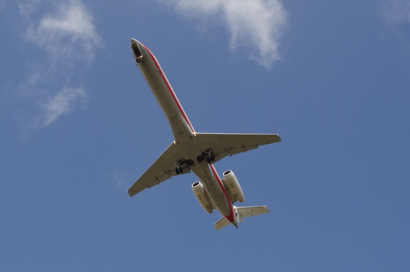 Airplane in Flight — Blue, Clear, Afternoon, Photograph, Sky, Clouds