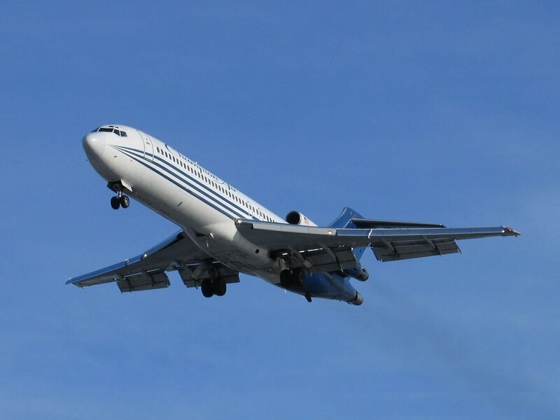 Airplane in Flight — Blue, Clear, Afternoon, Photograph, Sky, Landing Gear, White