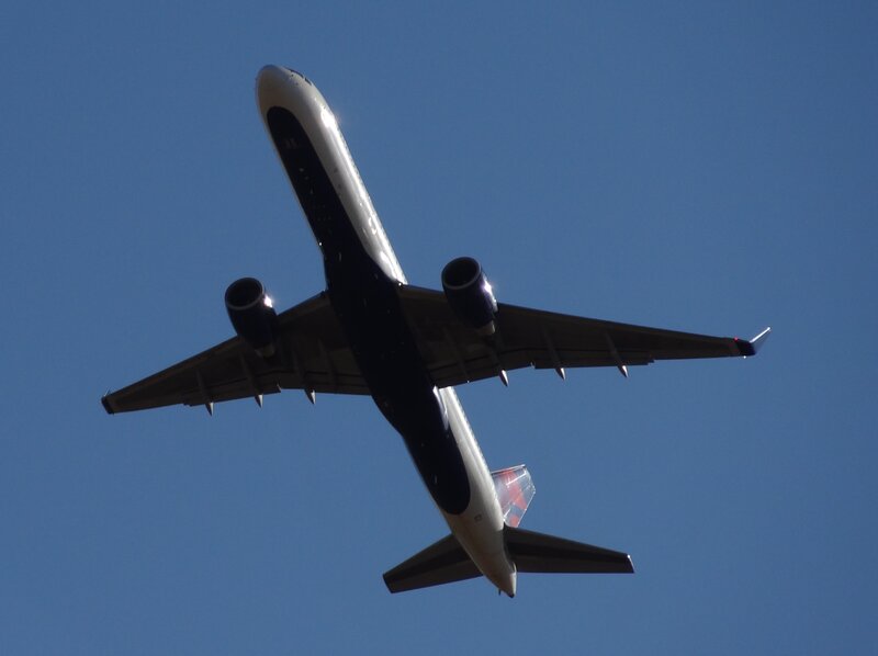 Airplane in Flight — Blue, Clear, Afternoon, Photograph, Sky