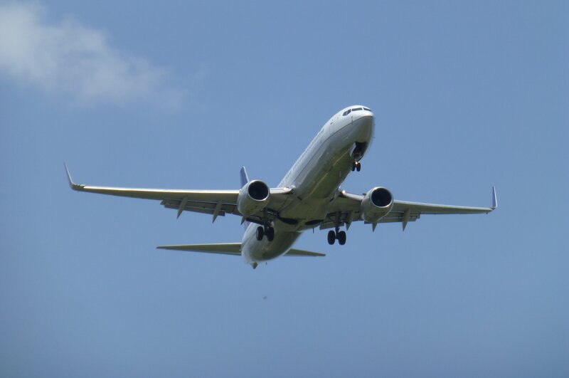 Airplane in Flight — Blue, Clear, Afternoon, Photograph, Wings, Engines, Sky