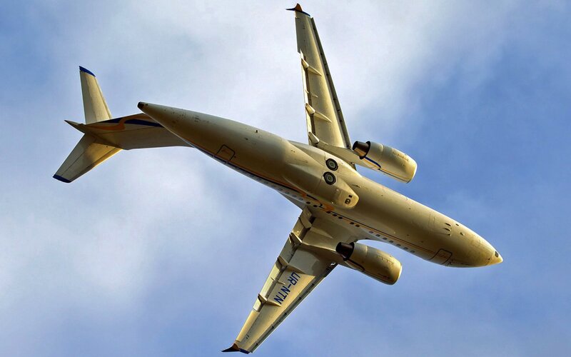 Airplane in Flight — Blue, Dramatic, Afternoon, Photograph, Sky, Clouds, White