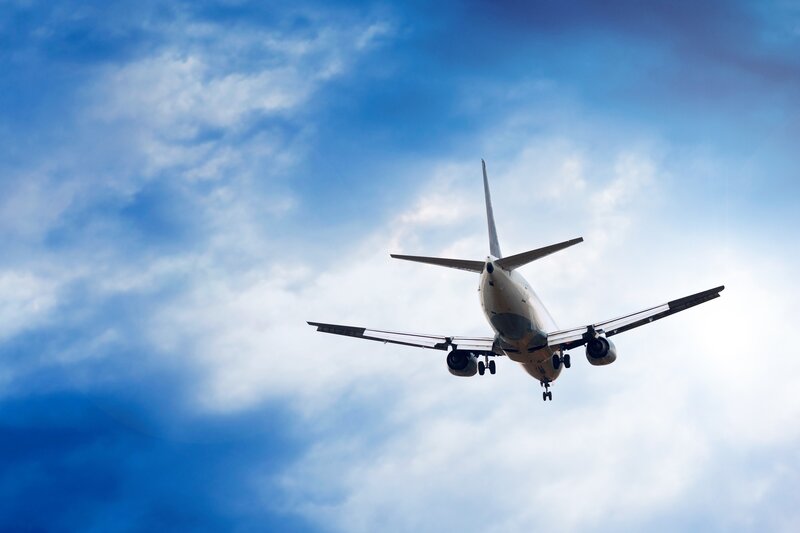Airplane in Flight — Blue, Dramatic, Photograph, Sky