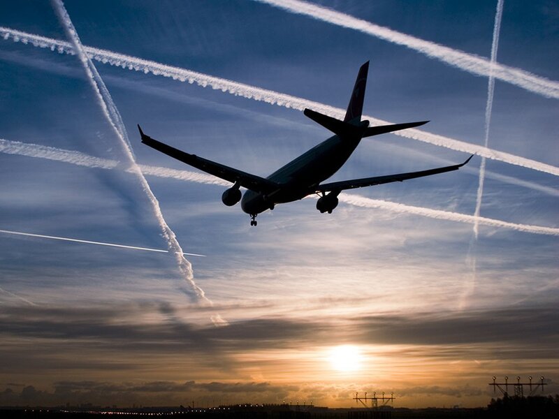 Airplane in Flight — Blue, Dramatic, Sunset, Photograph, Sky, Sun