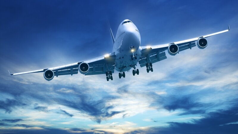 Airplane in Flight — Blue, Dramatic, Sunset, Photograph, Sky