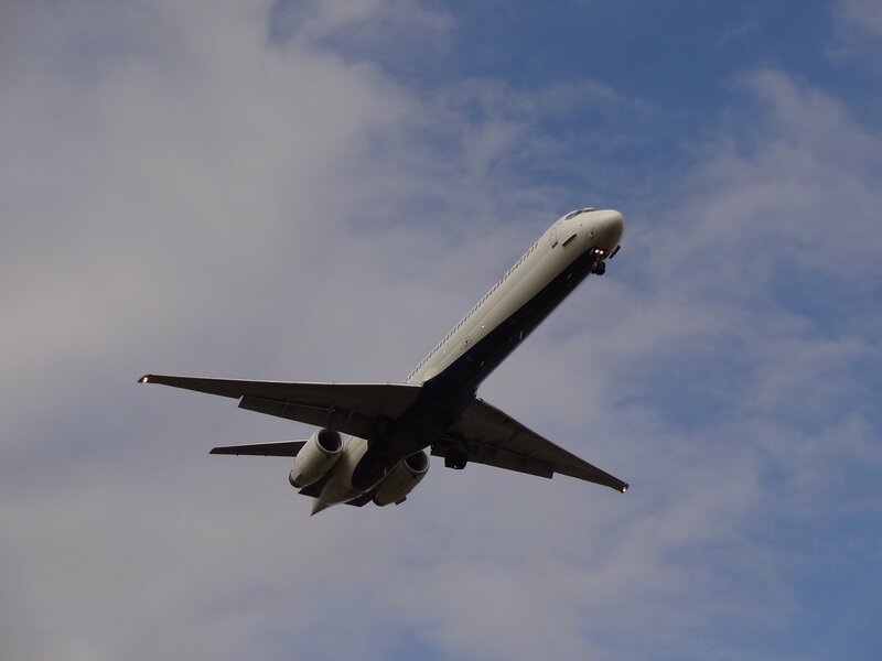 Airplane in Flight — Blue, Dynamic, Afternoon, Photograph, Sky