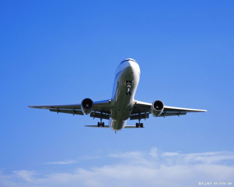 Airplane in Flight — Blue, Serene, Afternoon, Photograph, Sky, Clouds, Landing Gear