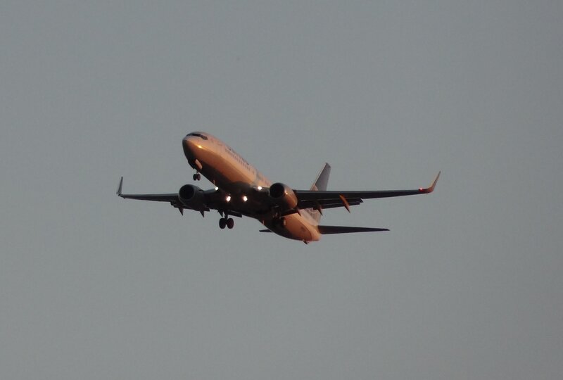 Airplane in Flight — Gray, Calm, Sunset