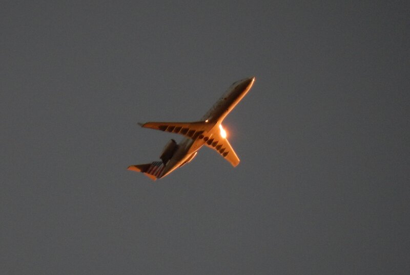 Airplane in Flight — Gray, Dramatic, Sunset, Photograph, Sky