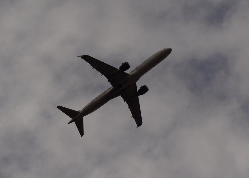Airplane in Flight — Gray, Overcast, Photograph, Clouds