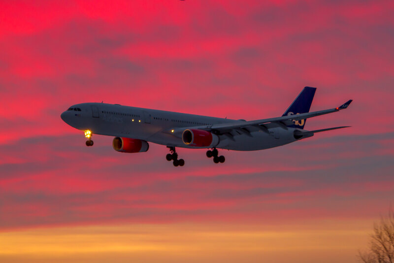 Airplane in Flight — Red, Dramatic, Sunset, Photograph, Sky