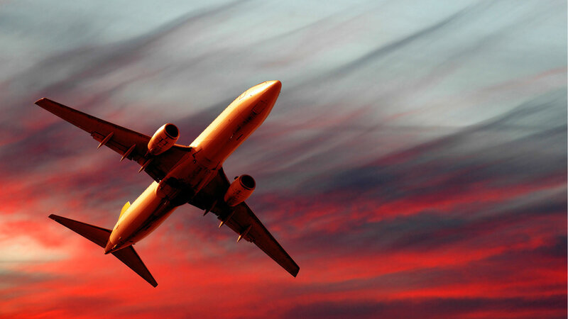 Airplane in Flight — Red, Dramatic, Sunset, Photograph