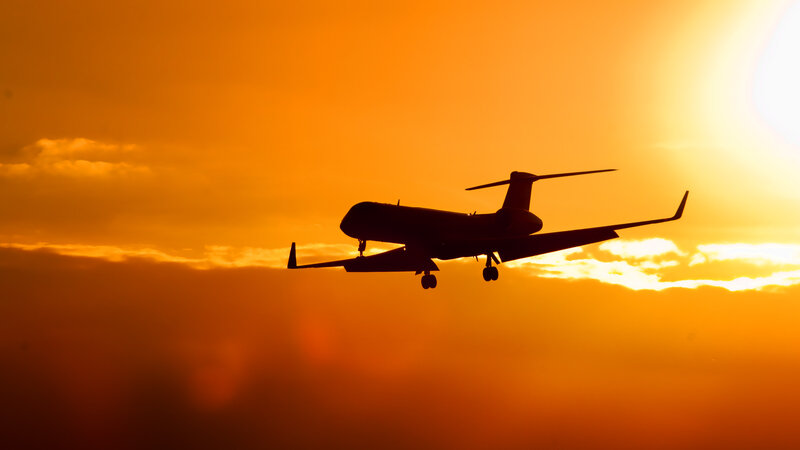 Airplane in Silhouette — Orange, Dramatic, Sunset, Photograph, Sun