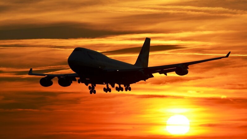 Airplane in Silhouette — Orange, Dramatic, Sunset, Photograph