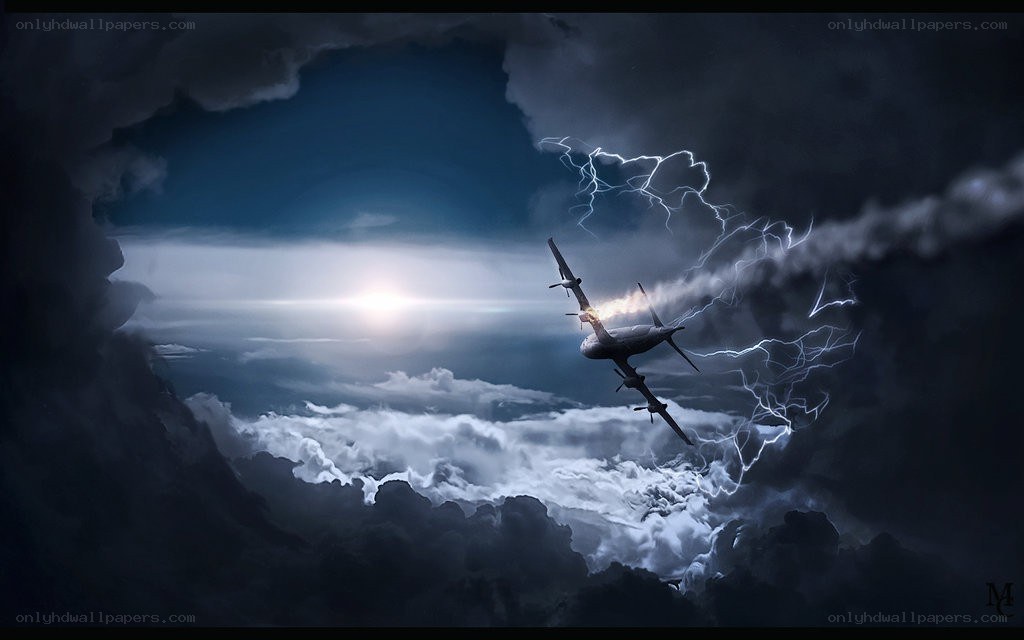 Airplane in stormy sky