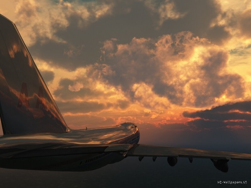 Airplane in Sunset — Orange, Dramatic, Digital Art