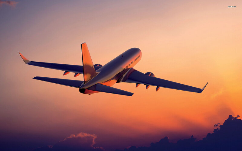 Airplane in Sunset Sky — Orange, Dramatic, Digital Art