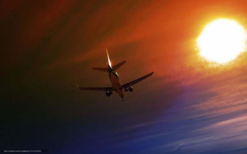 Airplane in Sunset Sky — Orange, Dramatic, Photograph, Sun, Clouds