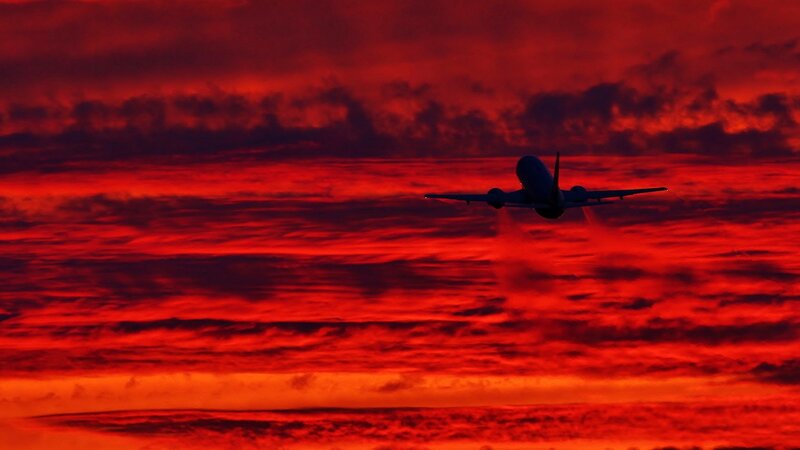 Airplane in Sunset Sky — Red, Dramatic, Photograph, Clouds, Orange