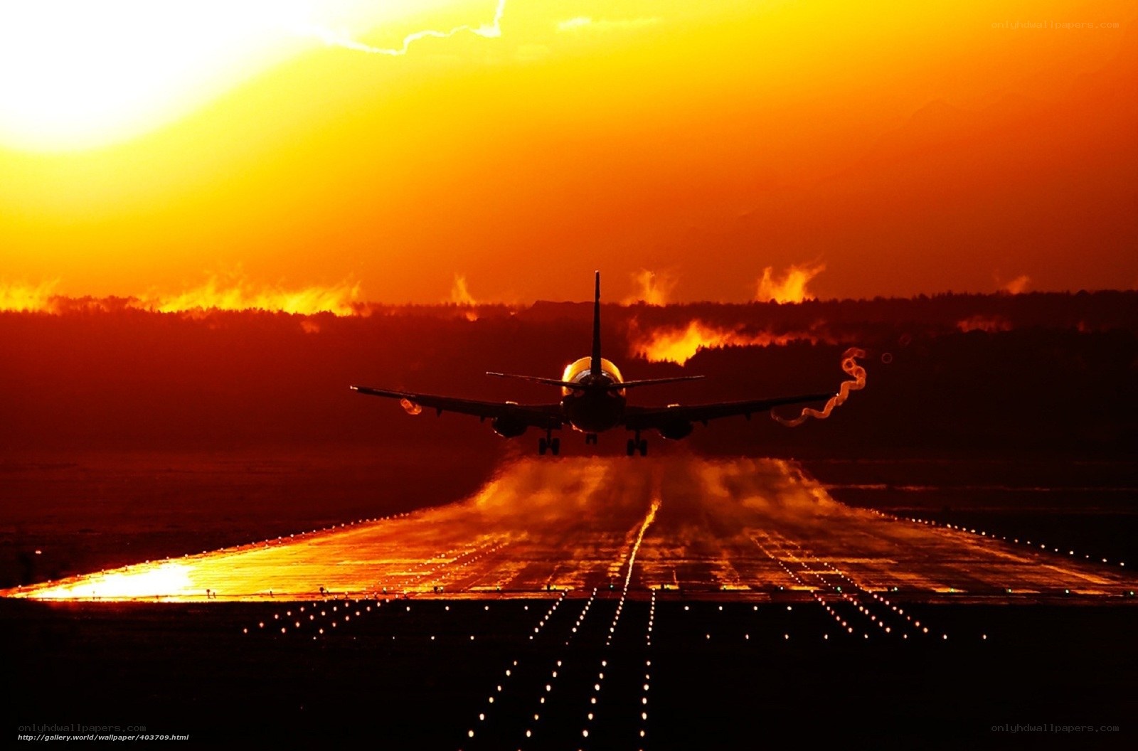 Airplane landing at sunset