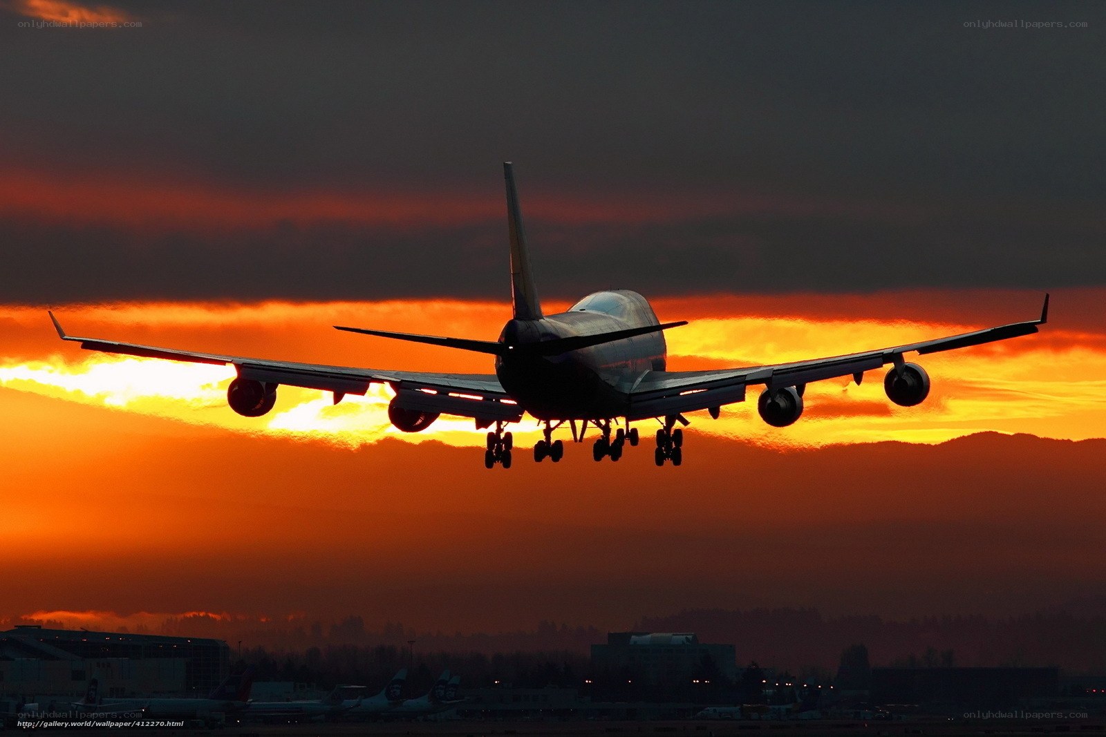 Airplane landing at sunset