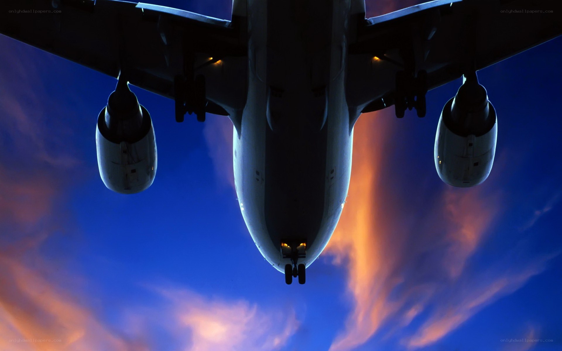 Airplane landing at sunset